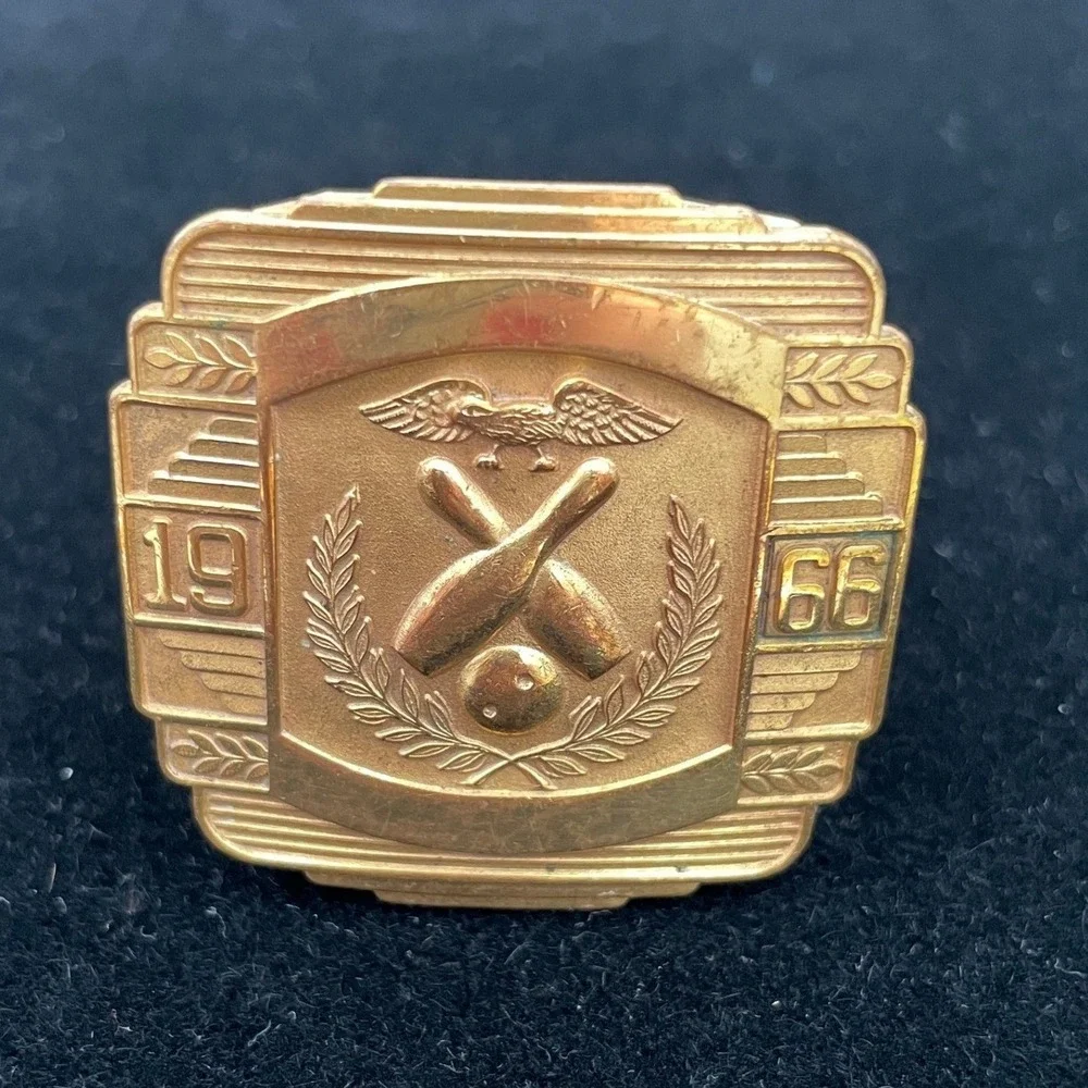 Vintage Gold Tone Metal Mens OS 1966 Bowling Commemorative Belt Buckle
